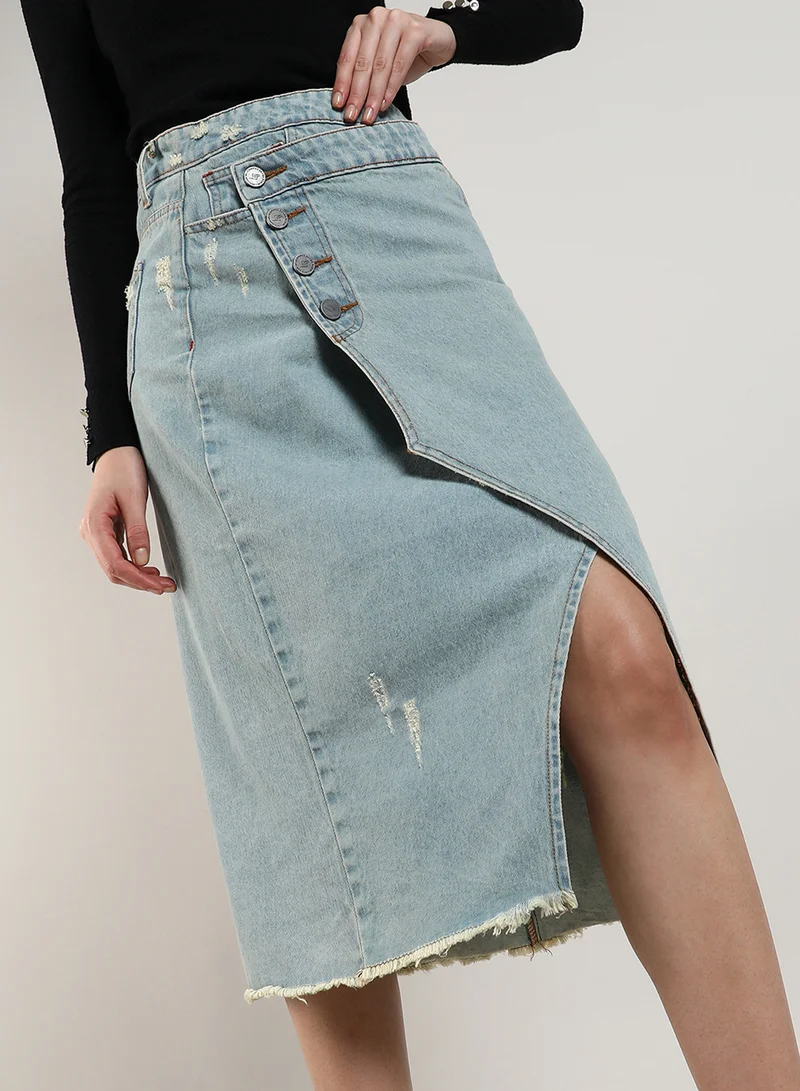 كامبوس سوترا Women's Light Blue Asymmetrical Midi Denim Skirt For Casual Wear | Light-Wash | Mid-Rise | Button Closure | Denim Skirt Designed With Comfortable Fit For Woman & Girls